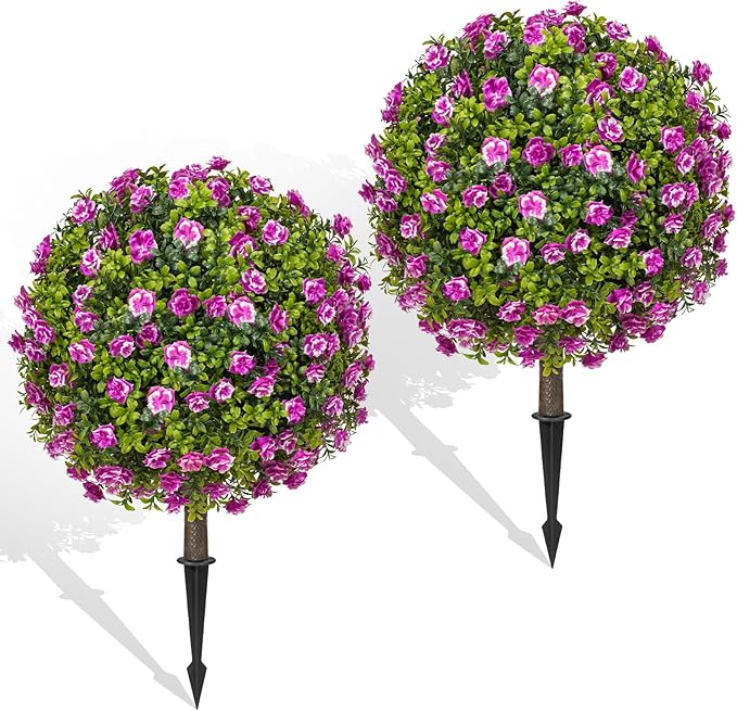 Artificial Topiary Ball with Ground Spike Set of 2, Faux Boxwoods for Outdoor Planters, UV Resistant Artificial Outdoor Plants for Porch, Fake Bushes Round Flower Shrub with Purple Rose