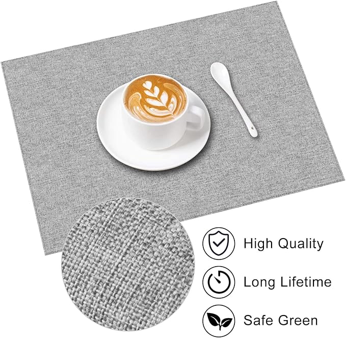 Cloth Placemats Set of 6, Cotton Linen Blend Machine Washable Durable Linen Table Mats, Heat Resistant Placemats Wrinkle Free Place Mats for Dining Table, Easy to Clean (Light Grey, 6)