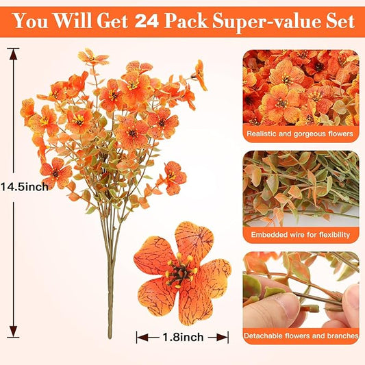 Fall Flowers Artificial for Decoration, Artificial Fall Mums Flowers for Outdoors, Fake Flowers Daisy Eucalyptus Realistic UV Resistant for Garden Patio Porch Home Decor (24, Orange-Green Leaves)