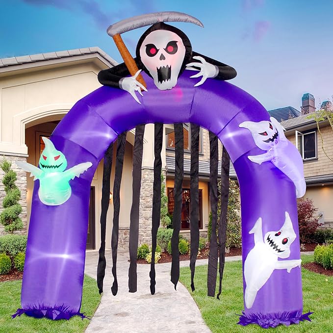 6FT Halloween Inflatables Giant Grim Reaper Arch with Three White Ghost, Built-in LEDs for Halloween Blow-Up Indoor-Outdoor Decoration, Cute Fun Holiday/Party/Yard/Garden Fantasy Party Display