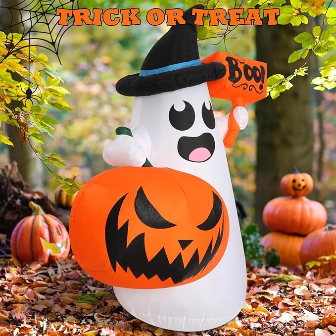 Inflatable Halloween Blow Ups, 5FT Outdoor Ghost Pumpkin Halloween Inflatables, Blow Up Yard Decoration with LED Lights, Halloween Decor for Home,Holiday,Party,Garden