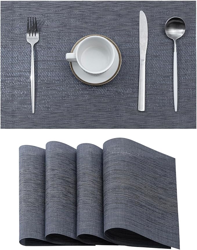 Leetaltree Denim Blue Placemats Set of 4 - Heat Resistant Non-Slip Place mats for Dining Table, Washable Durable PVC Vinyl Woven Table Mats(Denim Blue, 4)