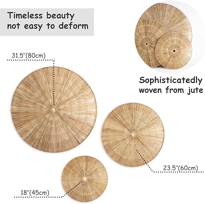 PEMAR 31.5" D Oversized Wicker Wall Hanging Jute Basket Set of 3 Round Handwoven Southwestern Decorative Wall Accents. Room Decor Baskets for Boho, Scandinavian, Farmhouse Wall Decor (Natural)
