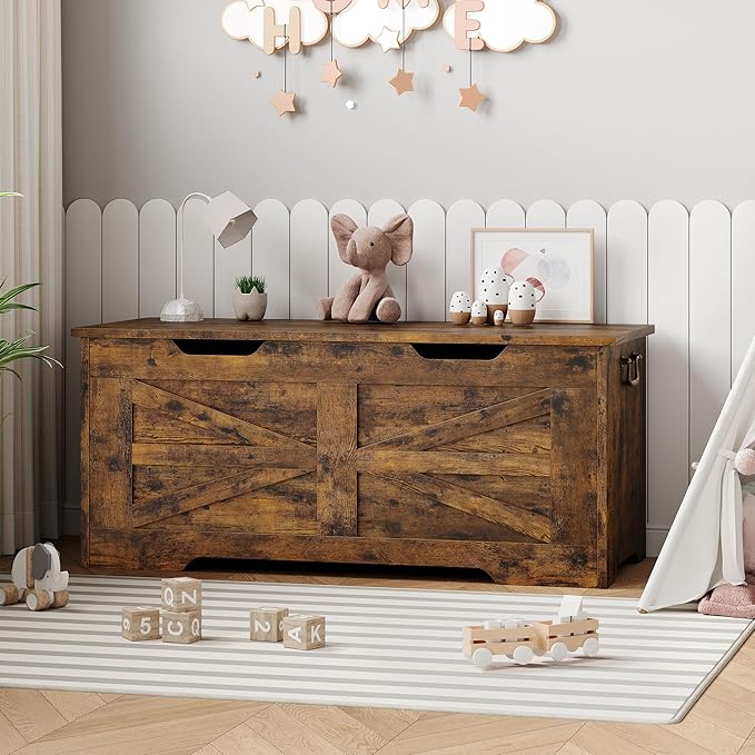 IDEALHOUSE Storage Chest, 39.4" Storage Bench Wooden Toy Chest Box, Farmhouse Storage Trunk with Safety Hinge, Supports 350 lbs, for Entryway, Living Room, Bedroom,Rustic Brown