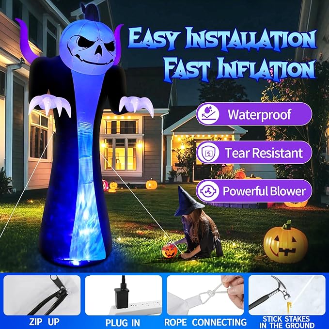 12FT Halloween Inflatables Decoration Outdoor Giant Pumpkin Reaper Ghost with 3-Colored Rotation Flame LEDs Spooky Halloween Blow Up Yard Decorations Outdoor Holiday Party Yard Lawn Decor