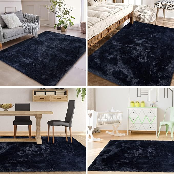 Large Modern Shag Rugs for Living Room, Fluffy Soft Area Rug Plush Carpet for Bedroom, Indoor Luxury Fuzzy Rug for Girls Kids Room Decor, Non Shedding Faux Fur Rugs, Navy Blue, 6' x 9'