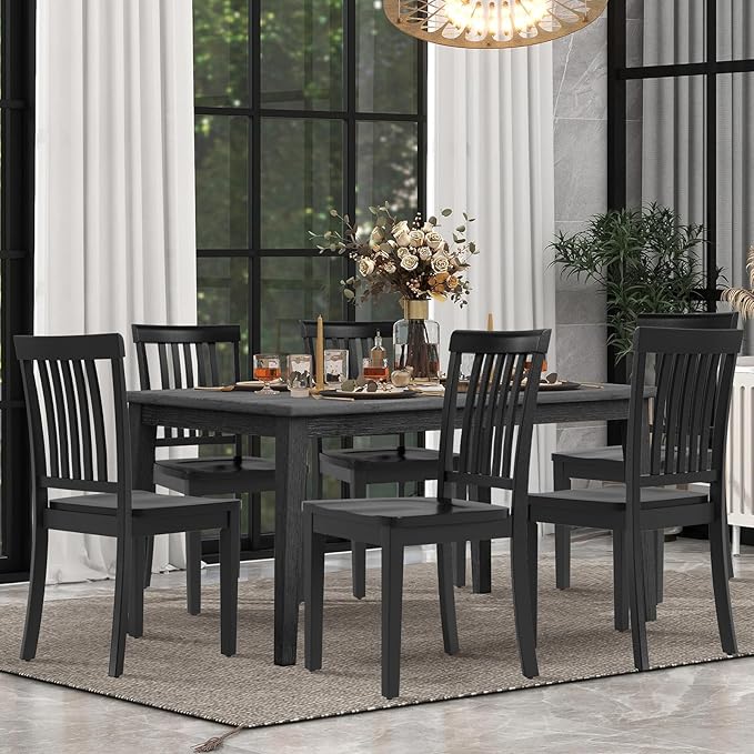 COLAMY Wooden Dining Chairs Set of 2, Solid Rubberwood Kitchen & Dining Room Chairs, High Spindle Back Windsor Style, Modern Dining Table Chairs, Non-Slip Foot Pads, Minimalist Home Furniture,Black