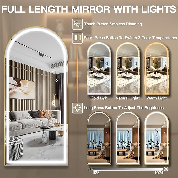 FENNIO Full Length Mirror with Lights, 70" x 32" LED Full Body Mirror, Arched Wall Mounted Hanging Mirror with Lights for Bedroom, Salon, 3 Color Lighting, Tempered Glass, Brushed Aluminum Frame