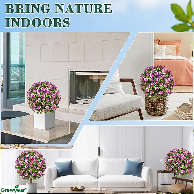 Artificial Topiary Ball with Ground Spike Set of 2, Faux Boxwoods for Outdoor Planters, UV Resistant Artificial Outdoor Plants for Porch, Fake Bushes Round Shrub with Purple Sunflower
