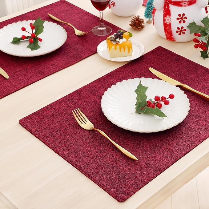 homing Red Cloth Placemats Set of 6 – Cotton Linen Blend Washable Farmhouse Dining Table Mats for Christmas, Easy to Clean, 13 x 19 Inch