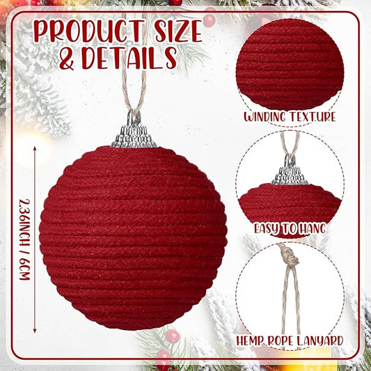 Syhood 9 Pcs 2.36 Inch Christmas Ball Ornaments Boho Farmhouse Jute Rope Hanging Balls Burlap Neutral Rustic Ornaments for Xmas Tree Holiday Wreath Garland Wedding Home(Dark Red)
