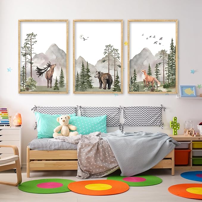 Set Of 3 Wild Woodland Nursery Animals Wall Art Decor 16x11 Inch Safari Foggy Forest Deer Bear Fox Posters Wood Framed Sign Jungle Children's Boys Girls Room Watercolor Prints Hang (Wood)