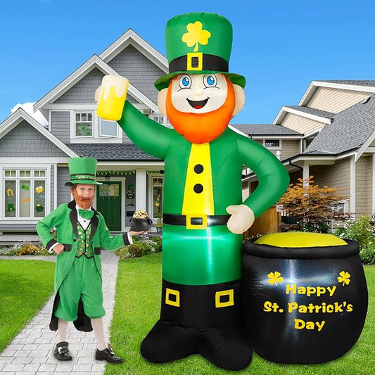 6FT St Patricks Day Inflatables Outdoor Decorations, Leprechaun Inflatable Holds Beer Cup with Pot of Gold Built-in LED Lights, St Patricks Day Decorations for Party Holiday Yard Garden Decor