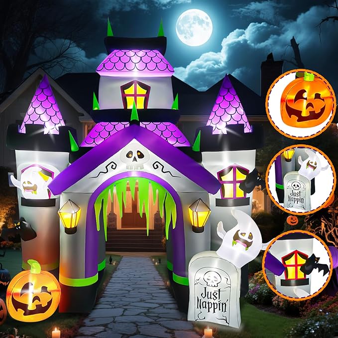 Kalolary 12FT Halloween Inflatables Haunted House Castle Archway with LED Lights, Giant Ghost Pumpkin Arch Blow Up Halloween Outdoors Yard Decoration Scary Inflatable for Garden Lawn Indoor Decor