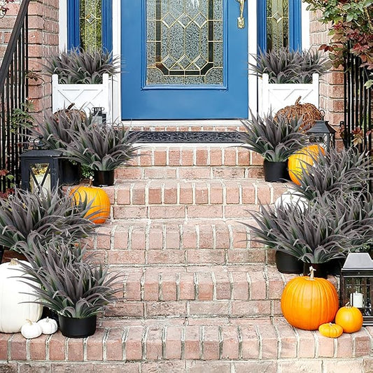 Artificial Fake Grass, 12 PCS Outdoor Faux Grasses Plastic Plants Greenery UV Resistant for Outside Home Window Box Garden Office Patio Hanging Planter Front Porch Décor (Dark Green +Red)