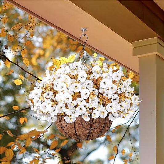 Artificial Fall Flowers Fake Hanging Plants Flowers Basket for Outdoors Autumn Decoration, Silk Morning Glory with Eucalyptus Look Real UV Resistant Faux Flowers for Outside Porch Patio Balcony, White