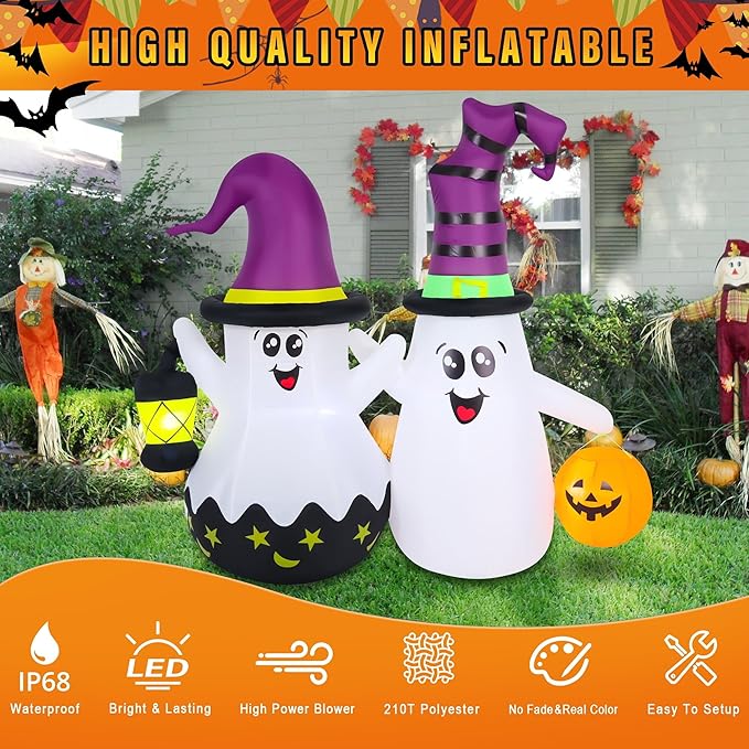 Halloween Inflatables Outdoor Decorations, Blow Ups 2-Pack Cute Ghosts with Build-in LED Lights, Funny Yard Garden Decoration for Halloween Party Indoor Outdoor