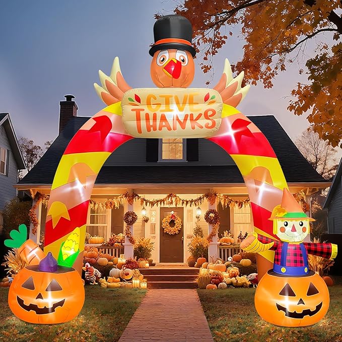 12FT Thanksgiving Inflatable Archway with LED Light, Kalolary Giant Turkey Arch Inflatables Happy Thanksgiving Day Blow up Outdoor Decoartion Autumn Harvest Yard Inflatable for Lawn Holiday Home