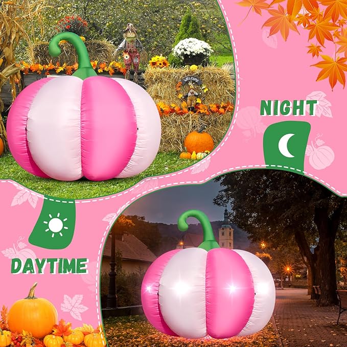 4.6FT Halloween Inflatable Pumpkin Outdoor Decorations Blow-up Pink Pumpkin Build-in 4 LED Lights for Halloween Party Decor Giant Inflatable Fake Pumpkins for Fall Thanksgiving Yard Garden Lawn