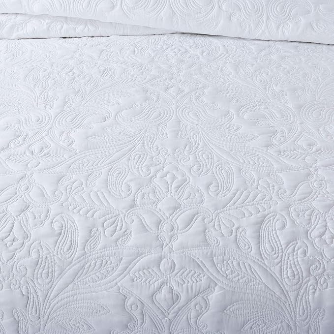 HoneiLife Quilt Set King Size - 3 Piece Embroidered Microfiber Bedspread Reversible Coverlet Lightweight Bedcover Paisley Pattern Bedding Set All Season Quilts-White