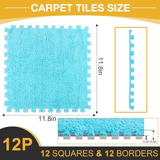 12 Pcs Plush Interlocking Carpet Tiles,Non-Toxic Foam Carpet Tiles for Toddler Baby,Machine-Washable,Anti-Slip,EVA Foam Interlocking Tiles for Floor, Nursery, Playroom, Blue