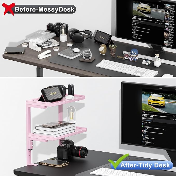 2-Tier Desk Shelf, Expandable Under Desk Storage, Clamp on Desk Shelf, Desktop Accessories for Offices, Study Rooms, and Game Rooms (Pink)