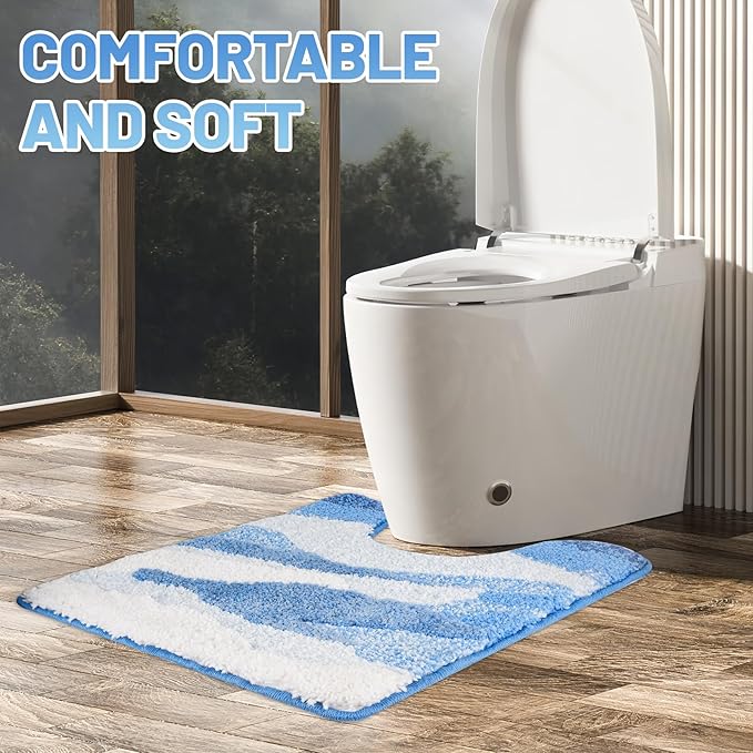 Wave Non-Slip Toilet Contour Rug, Luxurious Tufted Extra Thick U-Shaped Bathroom Rug, Ocean Beach Designed U-Shaped Toilet Floor Mat, Washable and Absorbent Bathroom Carpet (24 x 20 in)
