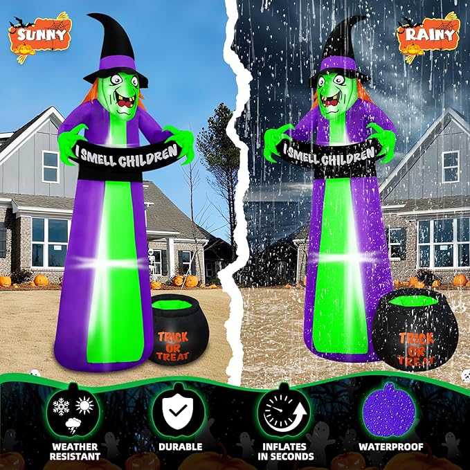 8Ft Halloween Inflatables Witch Outdoor Decorations with Candy Cauldron, Scary Blow Up Witch Holds I Smell Children Banner, Inflatable Halloween Build-in LEDs for Party Yard Lawn Garden Decor