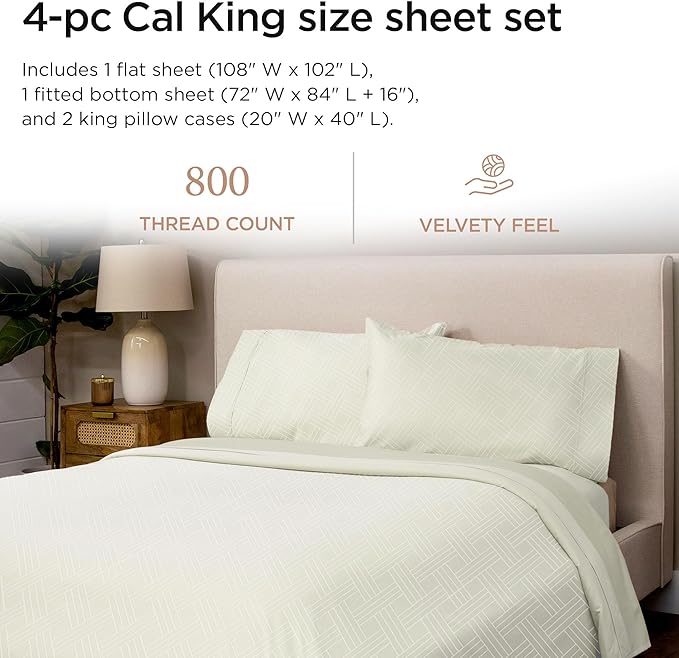 Threadmill California-King Sheets - 800 Thread Count Jacquard Celine Ivory, 100% Pure Cotton 4 Piece Striped Bed Set, Extra Long Staple Cotton, Luxury Damask Sheets with Elasticized Deep Pocket
