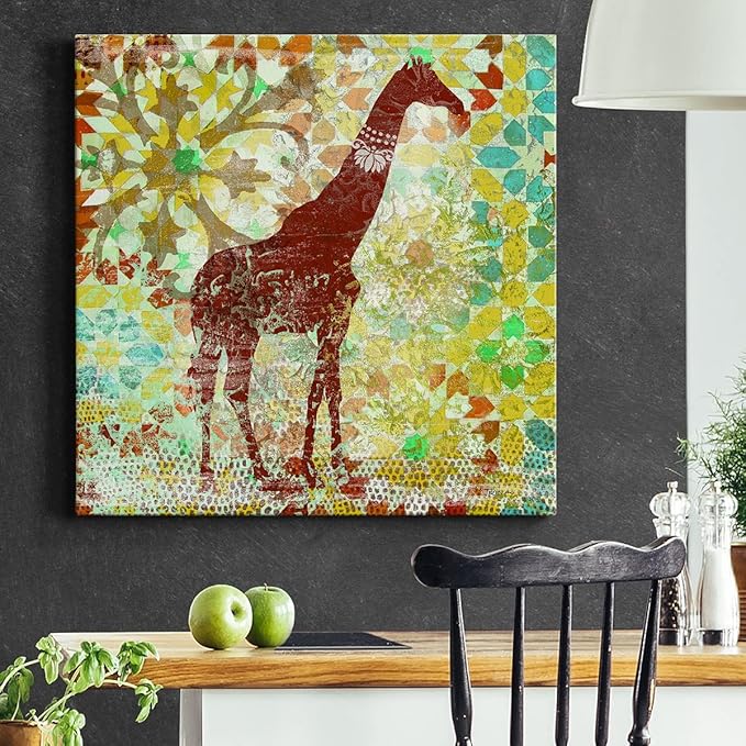 Colorful Animals Painting Wall Art on Canvas Modern Abstract Artwork, Bali Giraffe Wall Art, Ready to Hang, 40'' x 40''