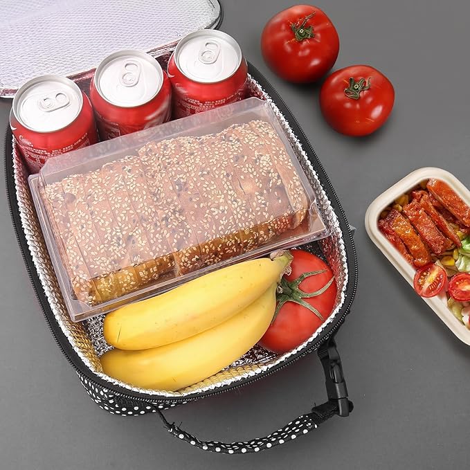 Lunch box Lunch bag for men women Insulated Lunchbox Lunch bags for Work Picnic Travel (Black polka dot)