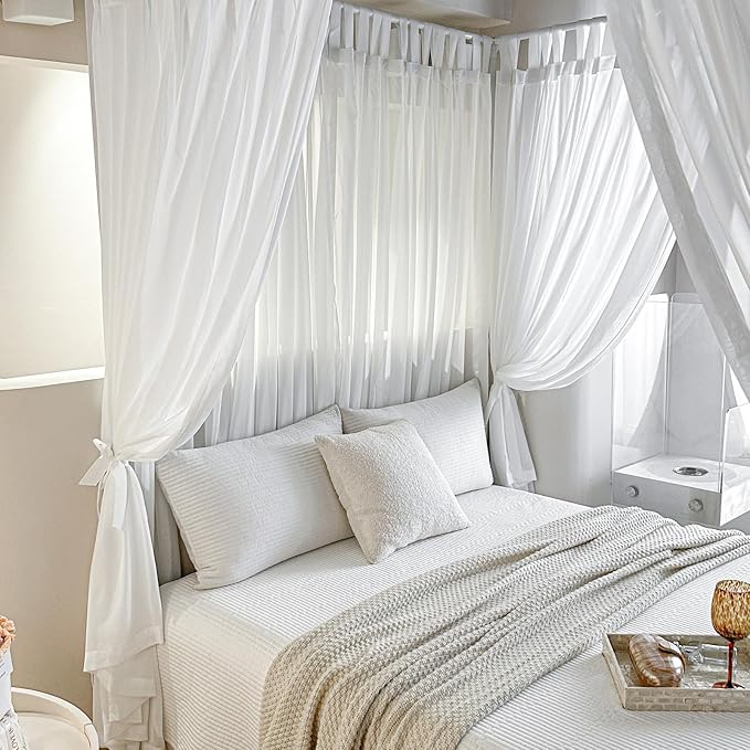 AIKASY Canopy Bed Board with Top and Self-Adhesive Velcro Strips, White Gauze Princess Bed Canopy Curtain Tent, Creating a Romantic Atmosphere in The Room(Full/Queen,White)