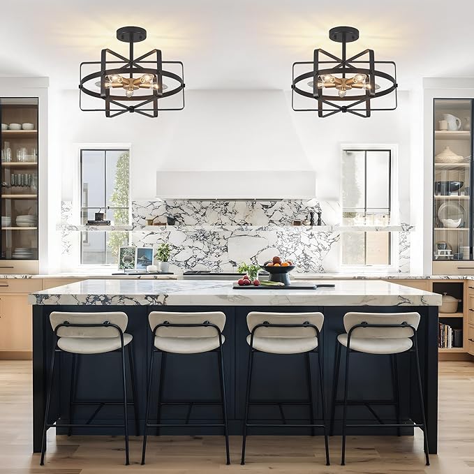 5-Light Farmhouse Semi Flush Mount Ceiling Light, 12.6'' Modern Black and Gold Ceiling Light Fixture Industrial Lighting Fixture for Entryway Hallway Foyer Dining Room Kitchen Bedroom