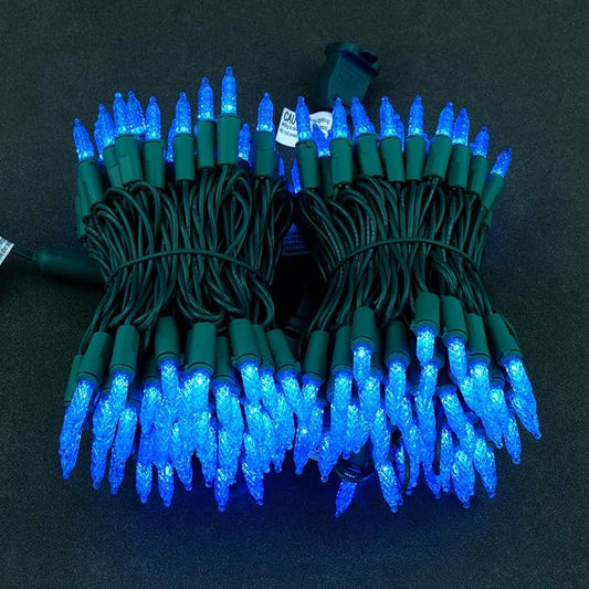 YULETIME Blue Faceted LED Christmas Lights 200 Count 50 ft, Pack of 2 Strands 25 ft 100 Lights UL Certified Commercial Grade Green Wire Holiday String Light Set (Blue)