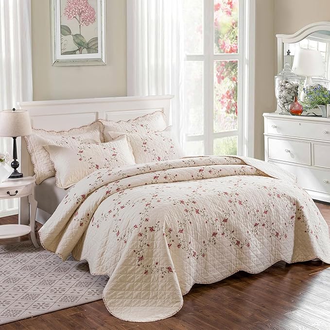mixinni Floral Embroidered Quilt Set - 3 Pieces Reversible Quilt Bedding Set, 100% Cotton Quilt King Size Set Elegant Embroidery Bedspread Coverlet Set with 2 Pillow Shams for All Seasons (106"x96")