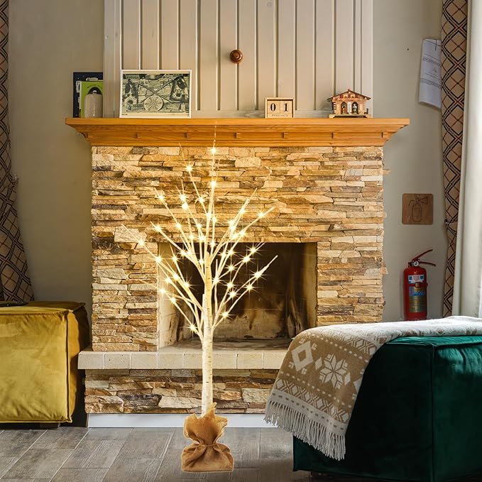 Lighted Brich Tree, 4FT 56 LED Christmas Tree with Burlap Decor, Warm White, IP44 Waterproof, Power Supply by Adaptor, Fireplace Party Wedding Halloween Christmas New Year Decoration