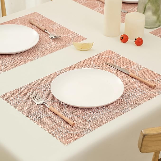 Leetaltree Coral Placemats Set of 8 - Heat Resistant Non-Slip Place mats for Dining Table, Washable Durable PVC Vinyl Woven Table Mats(Coral, 8)