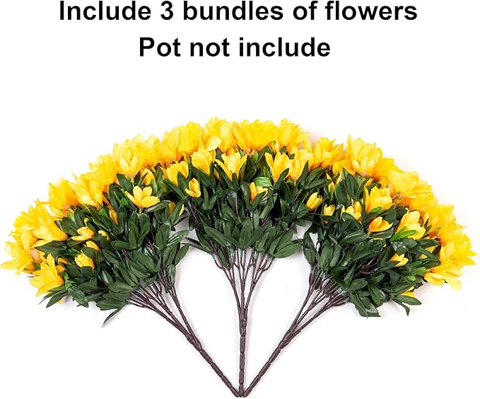 Artificial Flowers for Outdoors, 3 Bundles Fake Silk Azalea Bouquet Faux Flower Plants Outside Decoration UV Resistant Realistic Fake Flowers for Planter Front Door Patio Garden Walkways Home, Yellow