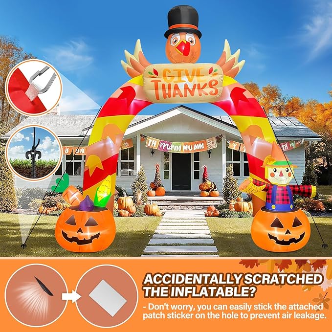 12FT Thanksgiving Inflatable Archway with LED Light, Kalolary Giant Turkey Arch Inflatables Happy Thanksgiving Day Blow up Outdoor Decoartion Autumn Harvest Yard Inflatable for Lawn Holiday Home