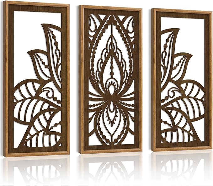 HPNIUB 3PCS Lotus Flower Wall Decor, Mandala Carved Wood Sign for Yoga Room, Spiritual Meditation Wooden Hanging Plaque Home Decor for Living Room Office Bathroom Decoration(8x16Inch)