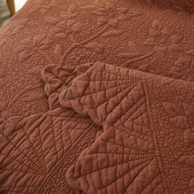 Brandream Queen Size Quilt Set Cotton Quilts Pumpkin Orange Farmhouse Bedding Set Matelasse Coverlet Set Scalloped Edge Quilts 3-Piece