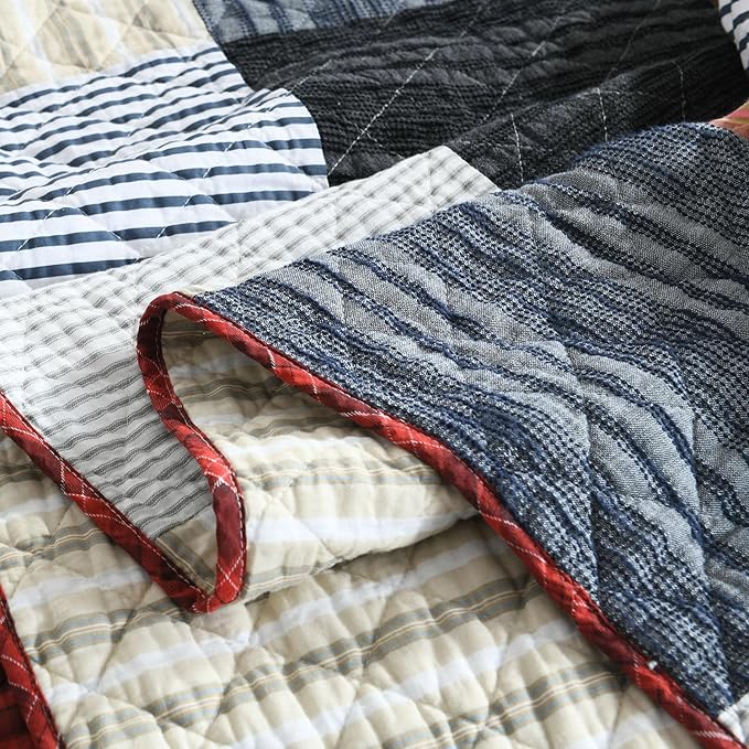 mixinni 100% Cotton Quilt Set for Queen Size Beds, Boho Patchwork Red Checkered Pattern Bedding Comforetr Set, 3-Piece Reversible Lightweight Bedspread Coverlet Set for All Season (90"x98")