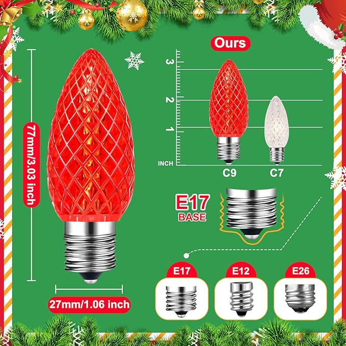 100 Packs C9 LED Replacement Christmas Light Bulbs, C9 Shatterproof LED Bulbs for Christmas Outdoor Indoor String Lights, Waterproof Dimmable Strawberry Holiday Bulbs, E17 Intermediate Base,Multicolor