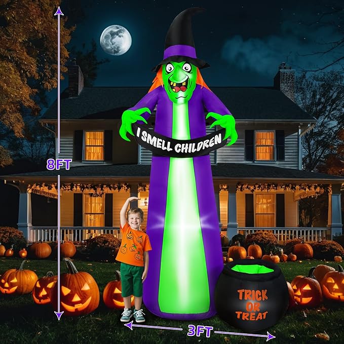 8Ft Halloween Inflatables Witch Outdoor Decorations with Candy Cauldron, Scary Blow Up Witch Holds I Smell Children Banner, Inflatable Halloween Build-in LEDs for Party Yard Lawn Garden Decor