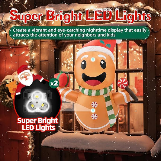 B&D 4FT Christmas Inflatables Gingerbread Man Lean Out from Window Outdoor Decorations, Christmas Window Inflatable Gingerbread Blow Up Yard Decorations Built-in LED Lights for Indoor Lawn Yard Garden