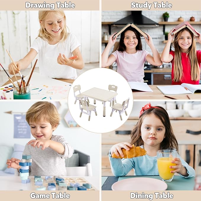 Adjustable Kids Table & Chairs Set for Ages 3-8 | 31.5"x23.6" Easy-Clean Activity Table | Meets ASTM/CPSC Standards for Daycare, Homeschool & Playroom (Natural-Wood, 4 Chairs)