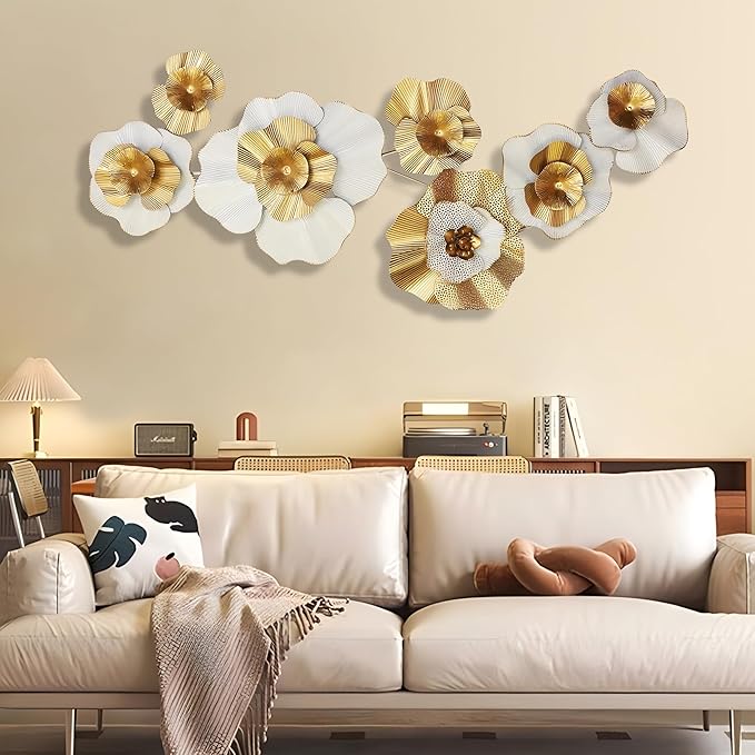 Metal Wall Art, White Gold Abstract Wall Decorations Metal Wall Decor, Modern Metal Wall Sculptures,Large 3D Vertical 49"*25" Flower Wall Decor for Living Room Dining Room Bedroom Wall Hanging Decor