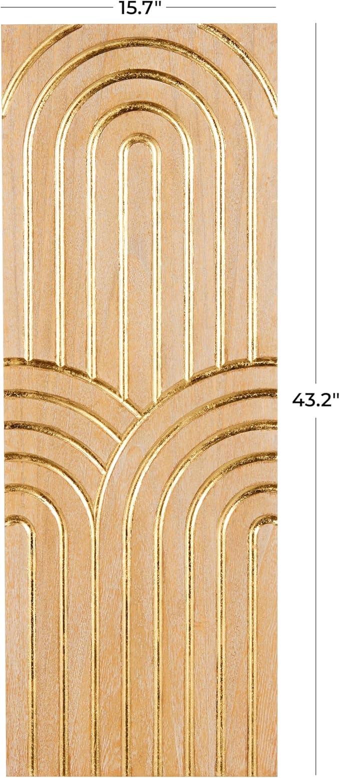 Deco 79 Wood Geometric Home Wall Decor Arches Panel Wall Sculpture with Overlapping Gold Arches, Wall Art 15.7" x 1.3" x 43.2", Light Brown