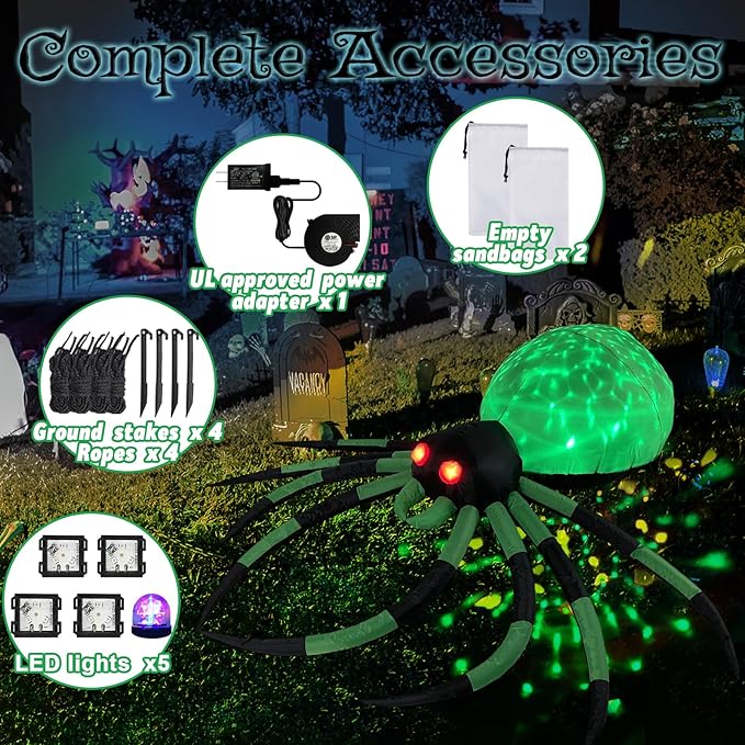 8FT Wide Halloween Inflatable Outdoor Decoration, Green Spider Inflatable Halloween Decorations Built-in Rotating Green Lights Blow up Spider Decorations for Holiday Party Yard Garden