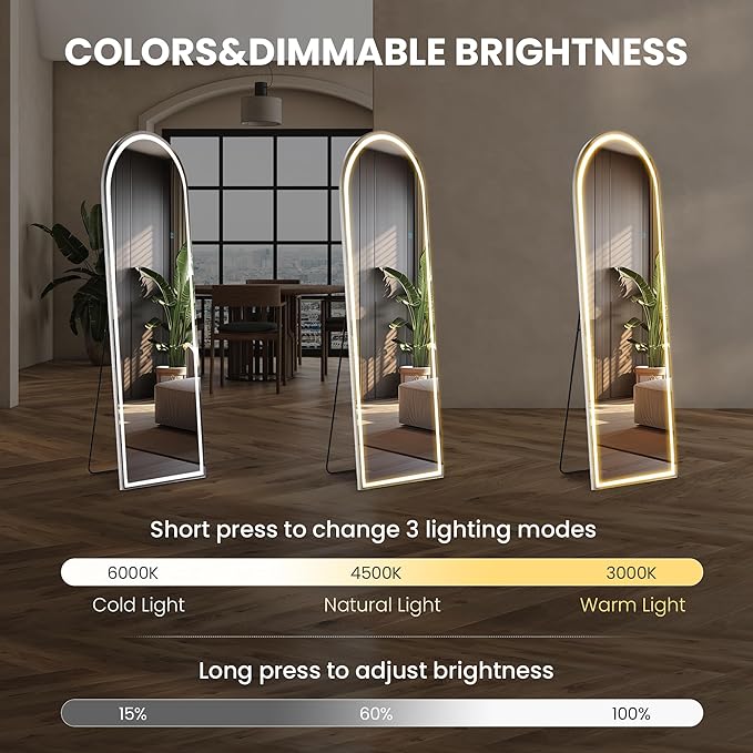 Sweetcrispy Arched Full Length Mirror with LED Lights, 60"x16" Lighted Floor Mirror with Stand, Dimming & 3 Color Lighting, Stand for Bedroom, Dressing Room